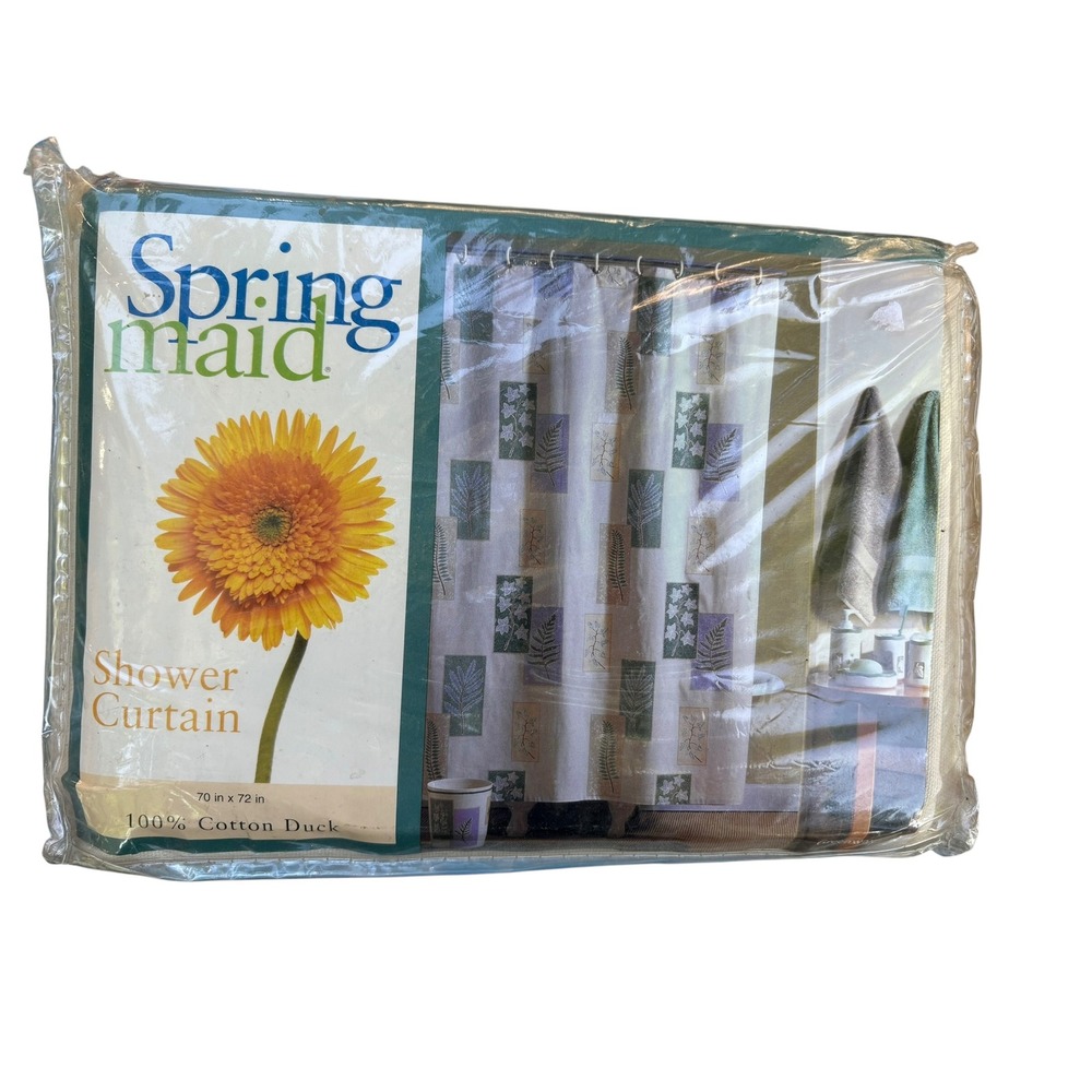 Springmaid Botanical Cotton Duck Shower Curtain Linen Green Leaf Fern 70x72 NEW